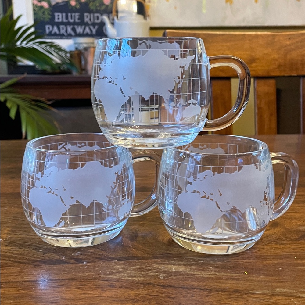 3 Vintage THE NESTLE CO. Clear Glass Globe Mugs Cups World Map Made in Japan